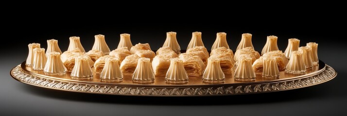 Naklejka premium Sweet treats on golden tray, dark background. Food photography