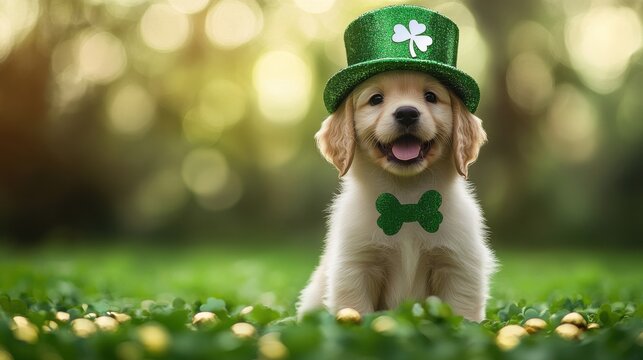 Happy puppy dog  in festive St Patrick's day green hat on green holiday background. Irlend and Irish traditional holiday. Banner, poster with copy space