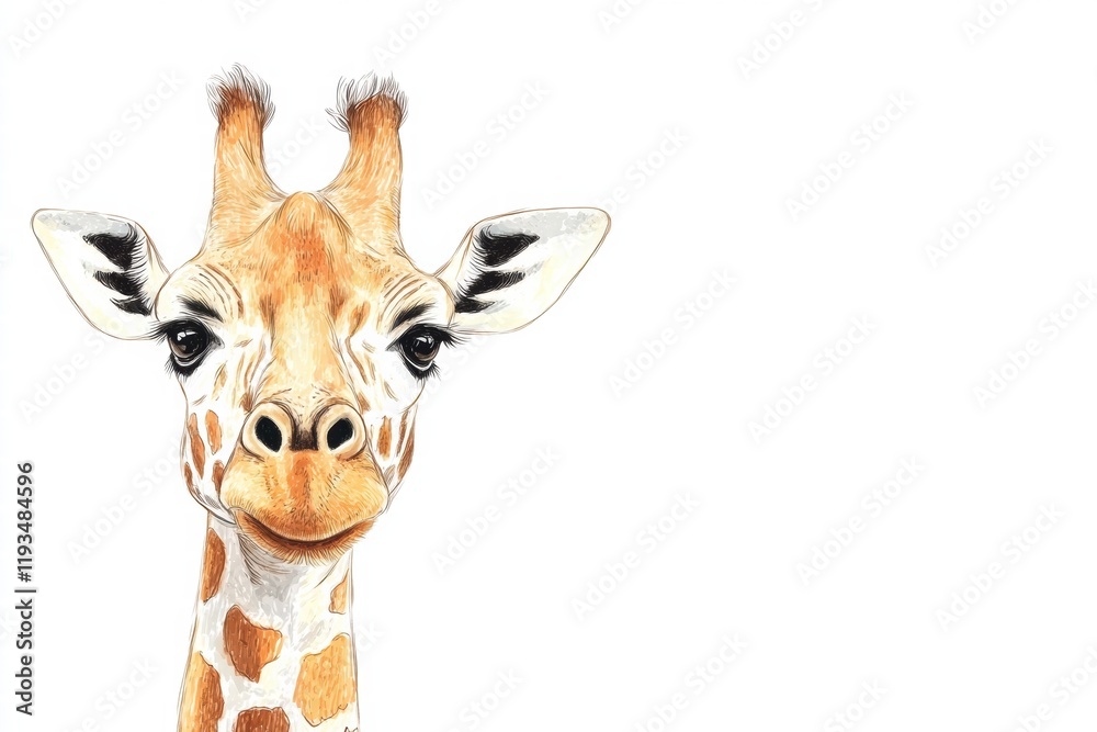 Aufkleber Illustration of a smiling giraffe with detailed features and soft colors in a serene, white background environment. Generative AI