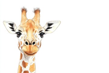 Fototapeta premium Illustration of a smiling giraffe with detailed features and soft colors in a serene, white background environment. Generative AI