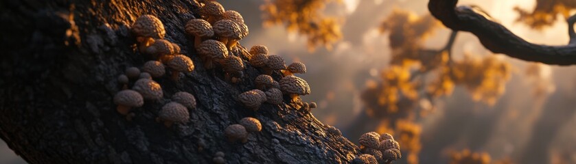 Obraz premium Sunlit Mushrooms on Tree Bark in a Forest Setting with Lush Greenery and Natural Light