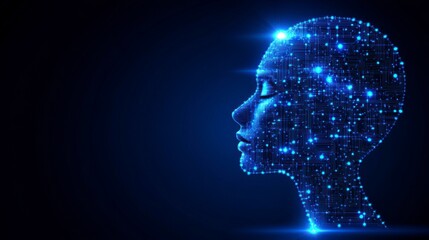 Obraz premium A blue loop background with binary data flowing across a face outline formed by circuit board patterns, depicting human-like digital computing and the evolution of AI