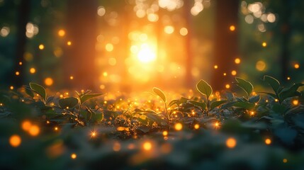 Enchanting Forest Scene at Sunrise with Glowing Lights and Young Plants Creating a Magical Atmosphere in the Heart of Nature