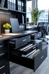 Modern office workspace with organized desk and open file drawers showcasing efficient storage solutions