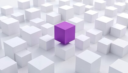 Obraz premium Purple cube standing out among white cubes, minimalist geometric composition, high-contrast design, symmetry and asymmetry, 3D render, leadership concept