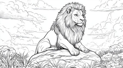 Obraz premium Lion Sitting on a Rock - Coloring Book Page for Children