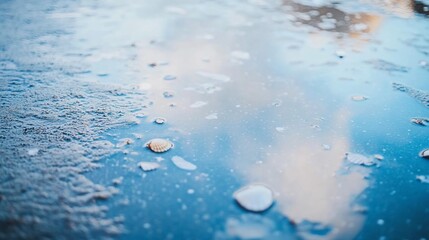 Seashells scattered in a shallow blue puddle
