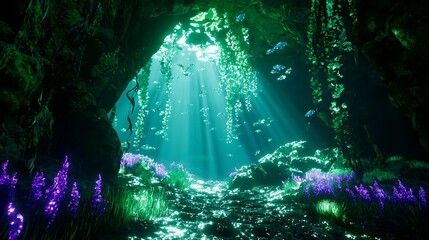 Enchanted underwater cave illuminated by sunlight, vibrant flora, and swimming fish