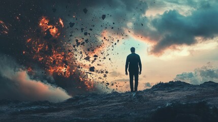 Fototapeta premium silhouette of a man standing on rocky ground with fiery explosion and debris in dramatic sky 