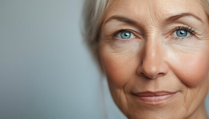 A stunning elderly woman with grey hair and vibrant blue eyes smiles brightly, exuding warmth and optimism in a close-up portrait.