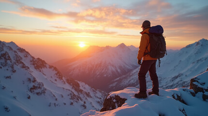 Obraz premium Adventurer on snowy mountain summit at sunrise