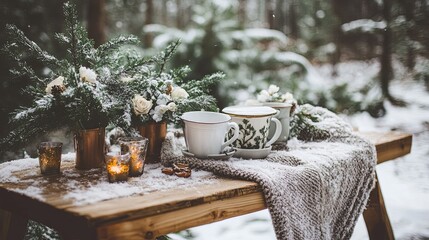 A cozy winter wedding with snow-covered trees, a fur shawl, and hot drinks
