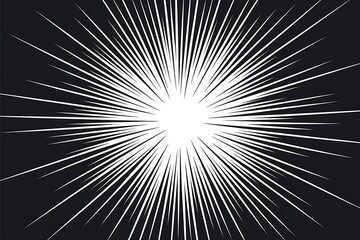 Black and White Starburst Illustration with Radiating Lines, Symmetrical Design, and Depth Effect on a Black Background