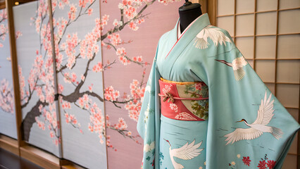 beautiful traditional kimono with crane patterns displayed next to cherry blossom artwork in a cultural setting