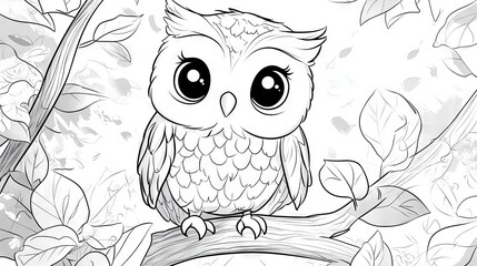 Adorable cartoon owl perched on a tree, coloring page illustration