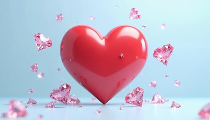 Red glossy heart, floating gemstones, diamonds, light blue background, love concept, Valentine&rsquo;s theme, vibrant, shiny, 3D render 