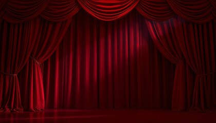 Red velvet curtains with luxurious drapery, vertical pleats, crimson fabric, dramatic lighting, cinematic atmosphere, high-resolution detail, vibrant red hues
