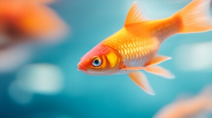a goldfish swimming in a blue water tank