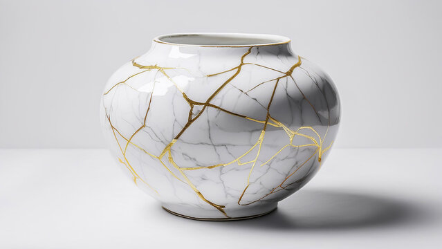 Vasija de cer&aacute;mica rota y reparada con kintsugi fondo claro