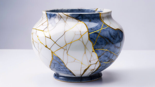 Vasija florero de cer&aacute;mica blanca y azul reparada con oro en sus grietas