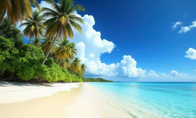 Tropical beach with palm trees and clear water