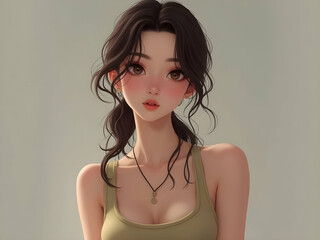 Pretty woman with emphasized slim abdominal muscles ultra-fine face, Delicate eyes, and double eyelids