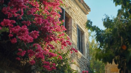 Stone building facade adorned with vibrant bougainvillea flowers