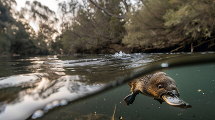 Obraz premium A platypus swimming near the surface of a calm river in Tasmania, positioned on the right with blurred reflections of overhanging trees and soft ripples behind