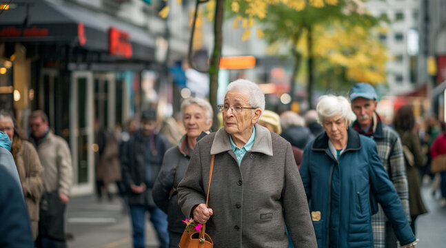 Elderly People Walking in a Busy Urban Street Reflecting Aging Population Dynamics