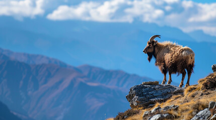 A wild takin standing on a rocky hill in the Bhutan Himalayas, positioned on the right with blurred distant mountains and blue skies framing the scene