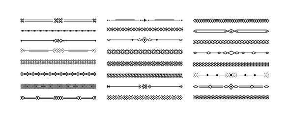 Decorative geometric line borders. Elegant ornamental dividers and ornamental border decor. Vintage line separators with geometric patterns vector set.