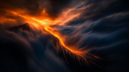 Fiery Lava Flowing Down Volcanic Mountainside At Sunset