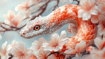 Fototapeta premium Blossom snake celebration illustration of the Wood Snake with intricate patterns, surrounded by cherry blossoms and auspicious phrases, set against a light blue sky.