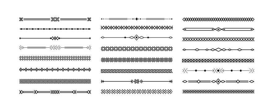 Decorative geometric line borders. Elegant ornamental dividers and ornamental border decor. Vintage line separators with geometric patterns vector set.