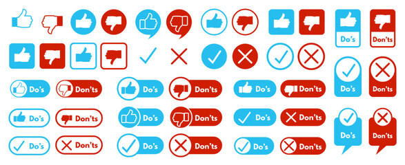 Do's and Don'ts symbols. Thumbs up and thumbs down icons, checkmarks and crosses for approval and disapproval with speech bubbles and label frames vector set.
