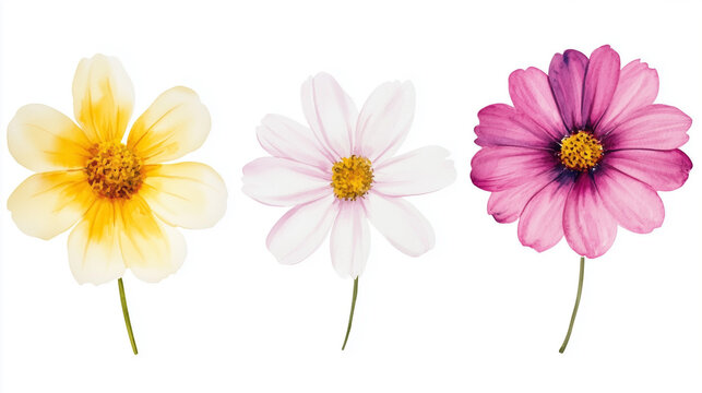 Watercolor set of small daisies isolated on white background