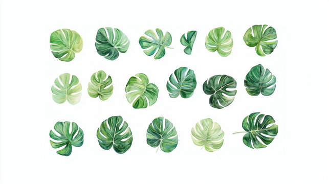 Watercolor set of tropical monstera leaves isolated on white background