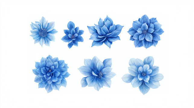 Watercolor set of blue hydrangeas flowers isolated on white background