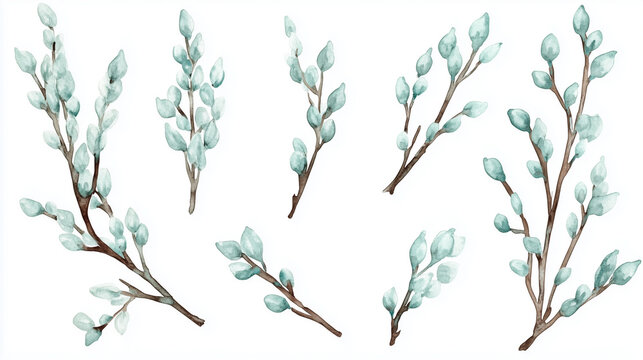 Watercolor set of teal willow branches isolated on white background