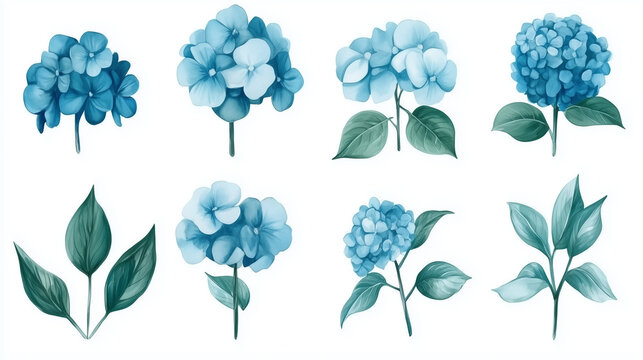 Watercolor set of blue hydrangeas flowers isolated on white background