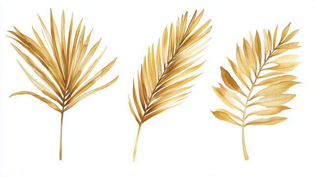 Watercolor set of golden palm fronds isolated on white background