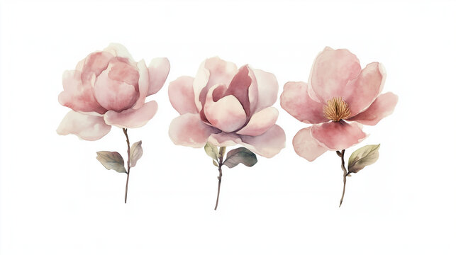 Watercolor set of soft pink magnolias isolated on white background
