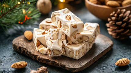 Almond nougat pieces on wooden board with festive decorations