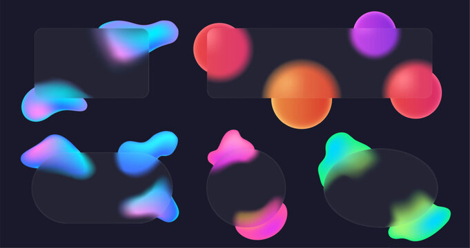 Glassmorphism frames. Translucent glass panels with colorful fluid shape gradient and blurry overlay effect. Semi transparent backgrounds with fluid design elements vector set.