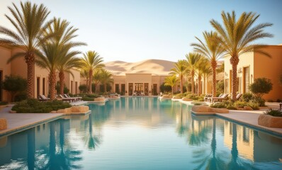 Luxurious resort pool with palm trees