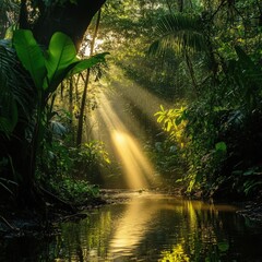 Sunlight pierces through lush jungle foliage illuminating a small stream with golden rays