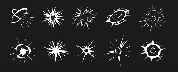 Explosion burst cartoon effect. Dynamic blast rays, exploding energy sparks, round bomb explode and circle boom visual. Abstract radial explosions stencil silhouettes vector set. © WinWin