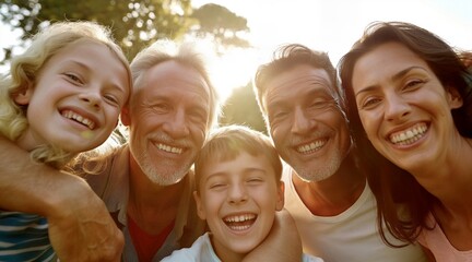 Fototapeta premium Joyful Multi-Generational Family Enjoying Outdoors Together Smiling in Sunlight
