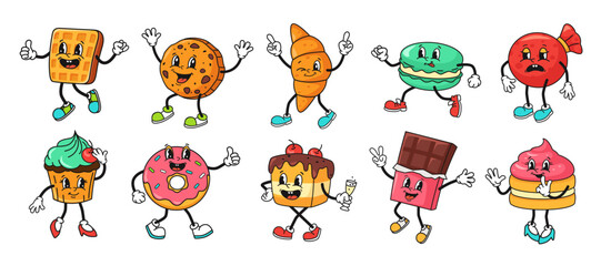 Retro dessert character. Cartoon sweets mascots, smiling cookie, playful waffle, croissant and tasty macaron. Cute cupcake, funny donut, chocolate bar and cake, rubber hose style vector set.