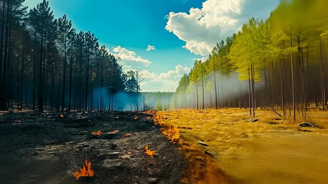 Forest contrasts charred and intact.Flames devour woodland.Smoke billows fiery scene.Sunlight filters trees.Nature&rsquo;s resilience shown devastation and regrowth.